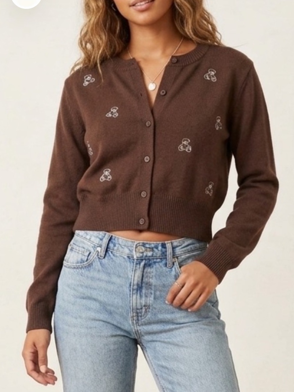 Teddy Bear Embroidered Print Brown Crewneck Cardigan Sweater Size Small